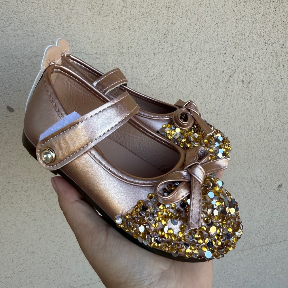 Shao Mary Jane Flats Kids Size 27 Rose Gold Sequin Bow Dress Shoes Sparkly Bling - Picture 4 of 7